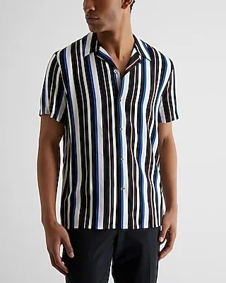 Striped Rayon Short Sleeve Shirt White Men's XS