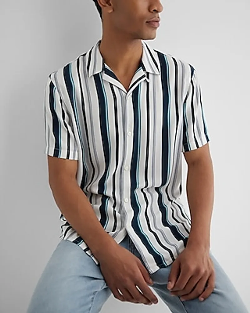 Striped Rayon Short Sleeve Shirt Blue Men's XS