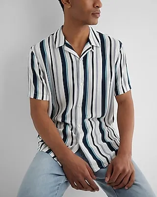 Striped Rayon Short Sleeve Shirt Blue Men's XS
