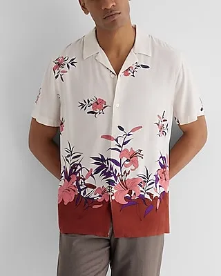 Border Floral Print Rayon Short Sleeve Shirt White Men's M