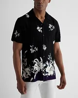 Border Floral Print Rayon Short Sleeve Shirt Black Men's XS