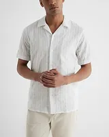 Perforated Striped Cotton Short Sleeve Shirt White Men's XS