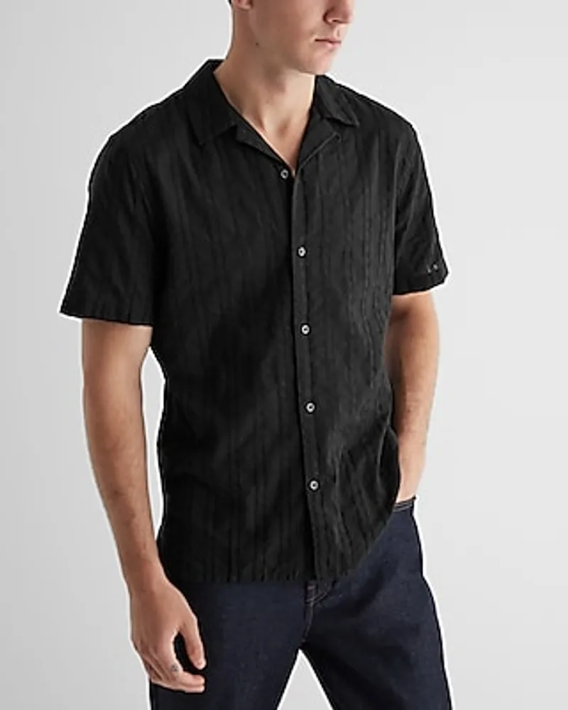 Perforated Striped Cotton Short Sleeve Shirt Black Men's S