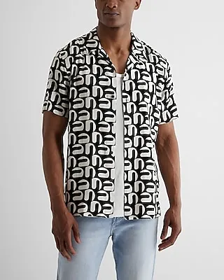 Geo Print Rayon Short Sleeve Shirt Black Men's