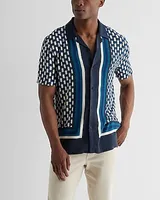 Bordered Geo Print Rayon Short Sleeve Shirt Blue Men's XS