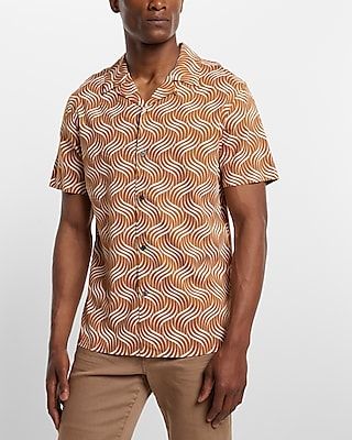 Swirl Print Rayon Short Sleeve Shirt Brown Men's S