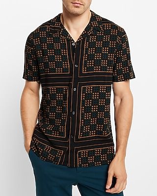 Slim Scarf Print Rayon Short Sleeve Shirt Black Men's XL