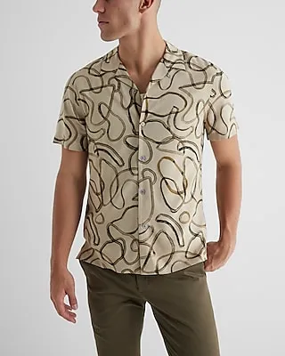 Abstract Painted Line Print Rayon Short Sleeve Shirt Neutral Men's