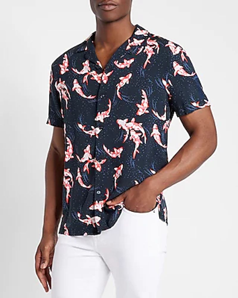 Fish Print Rayon Short Sleeve Shirt