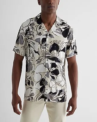Abstract Painted Floral Rayon Short Sleeve Shirt Neutral Men's L