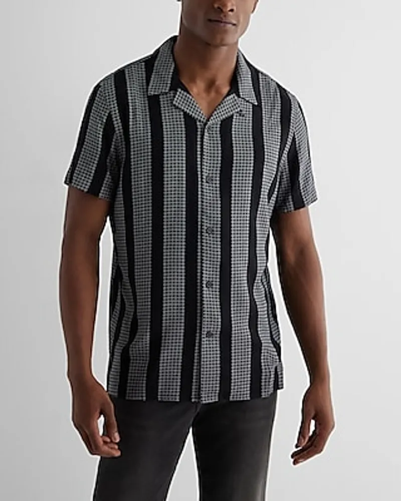 Floral Geo Striped Rayon Short Sleeve Shirt Black Men's