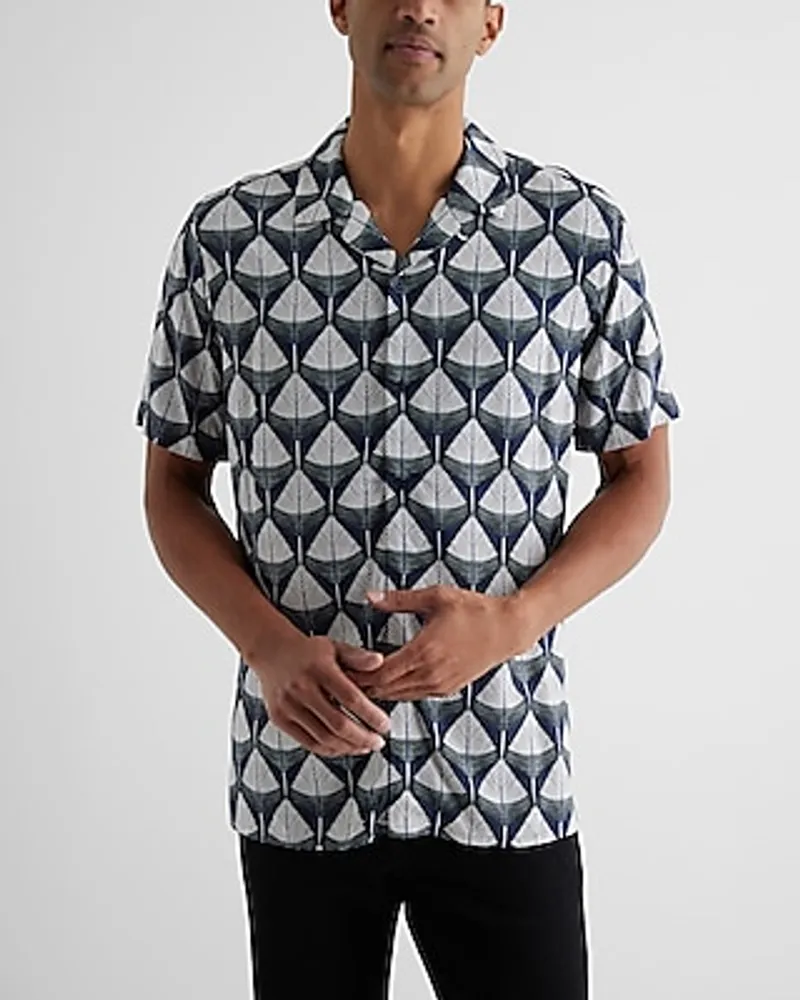 Palm Print Rayon Short Sleeve Shirt Blue Men's S