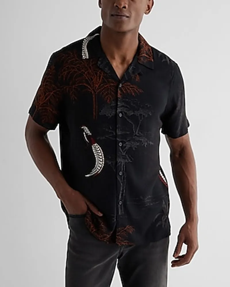 Bird & Tree Print Rayon Short Sleeve Shirt Black Men's L