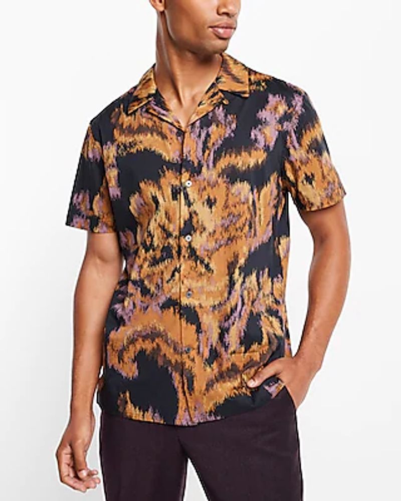Abstract Floral Print Stretch Cotton Short Sleeve Shirt