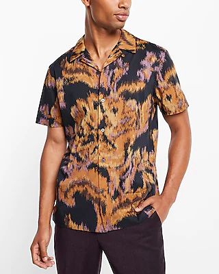 Abstract Floral Print Stretch Cotton Short Sleeve Shirt