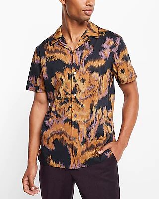 Abstract Floral Print Stretch Cotton Short Sleeve Shirt Black Men's S