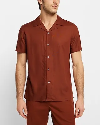 Solid Rayon Short Sleeve Shirt Brown Men's L