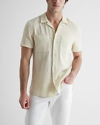 Crinkle Textured Cotton Short Sleeve Shirt Neutral Men's XS