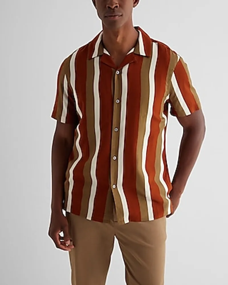 Striped Rayon Short Sleeve Shirt Brown Men's L Tall