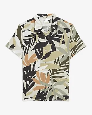 Palm Print Stretch Linen Short Sleeve Shirt