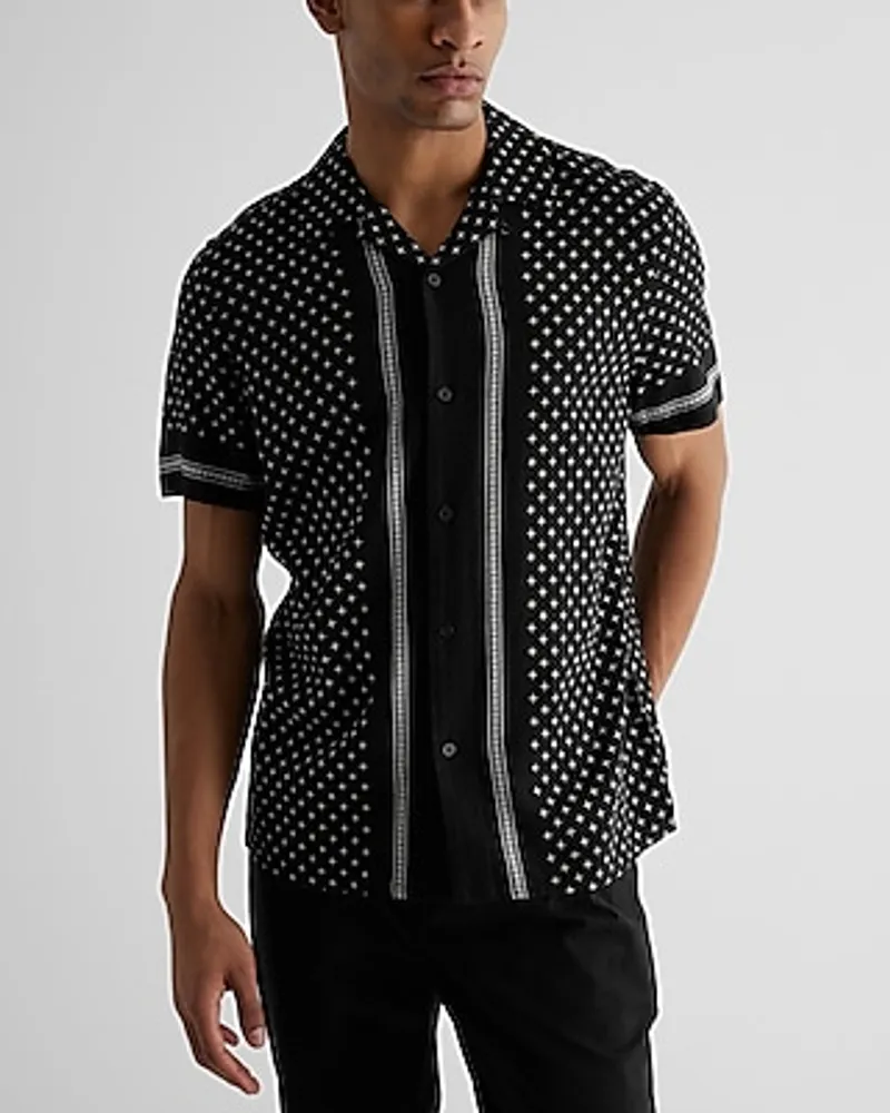 Geo Print Stretch Linen-Blend Short Sleeve Shirt Black Men's XS