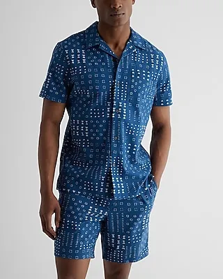 Patchwork Print Linen-Cotton Blend Short Sleeve Shirt Blue Men's XS