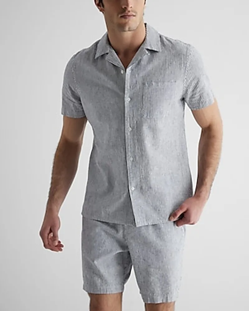 Express Striped Linen-Cotton Blend Short Sleeve Shirt