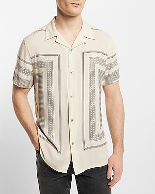 Panel Geo Print Rayon Short Sleeve Shirt Neutral Men's XS
