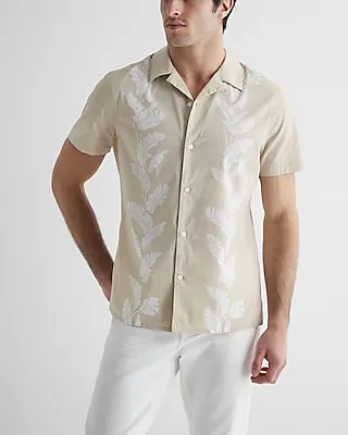 Border Leaf Print Stretch Cotton Short Sleeve Shirt Neutral Men's S