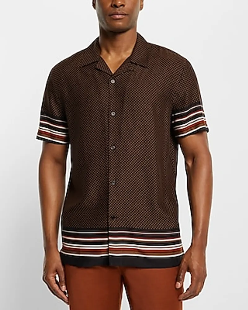 Striped Geo Print Rayon Short Sleeve Shirt Black Men's S
