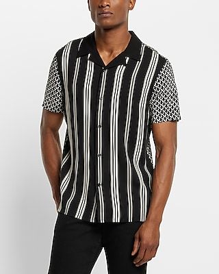 Geo Stripe Rayon Short Sleeve Shirt Black Men