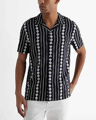 Big & Tall Geo Striped Rayon Short Sleeve Shirt Black Men's XXL
