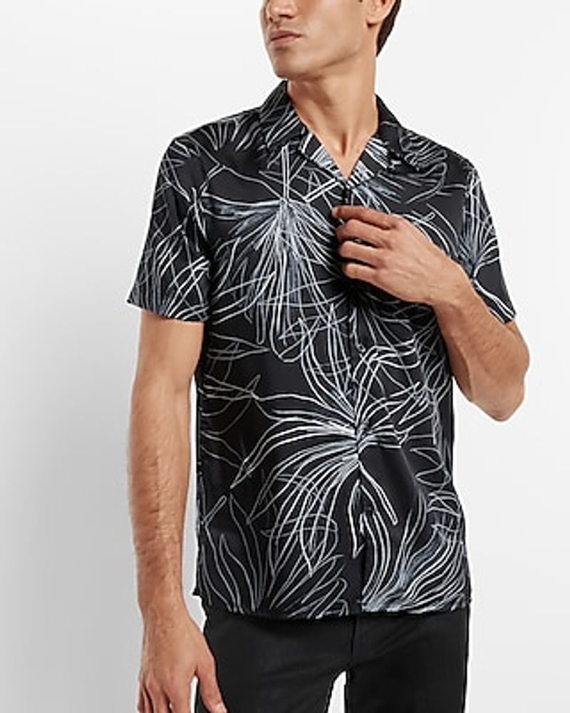 Palm Leaf Print Short Sleeve Shirt Black Men's M Tall