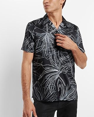 Palm Leaf Print Short Sleeve Shirt Black Men's M Tall