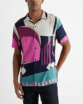 Abstract Geo Rayon Short Sleeve Shirt Blue Men's