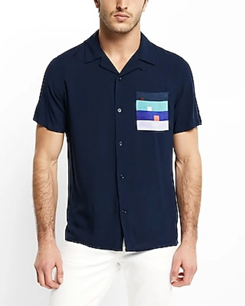 Geo Print Pocket Rayon Short Sleeve Shirt Blue Men's XS