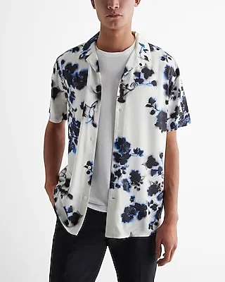 Blurred Floral Rayon Short Sleeve Shirt White Men