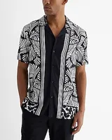 Abstract Palm Print Rayon Short Sleeve Shirt Black Men's XL Tall