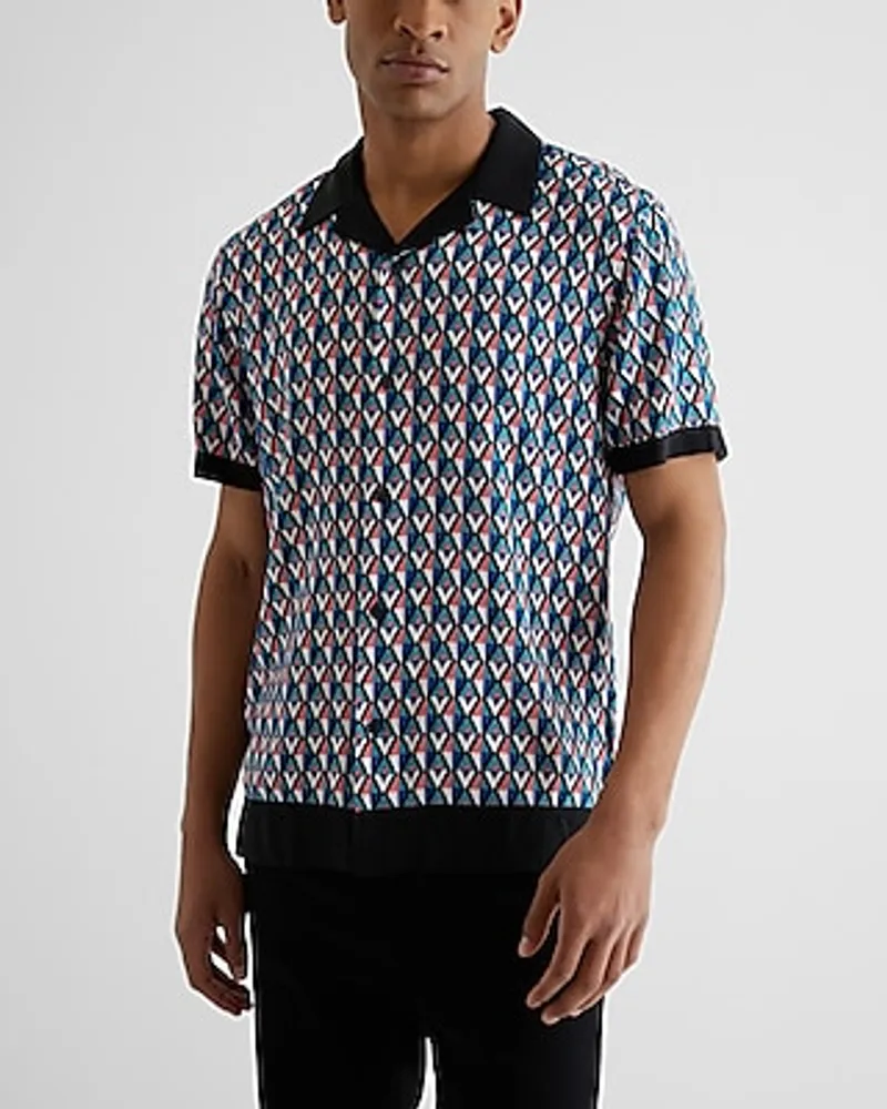 Diamond Geo Print Rayon Short Sleeve Shirt Blue Men's L