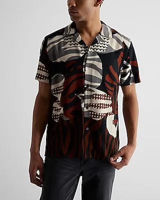Abstract Print Rayon Short Sleeve Shirt Black Men's XL