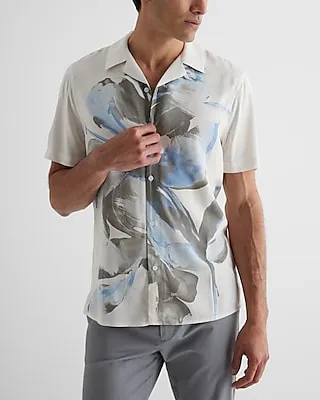 Watercolor Floral Rayon Short Sleeve Shirt White Men's XS