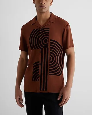 Line Graphic Rayon Short Sleeve Shirt Brown Men's L