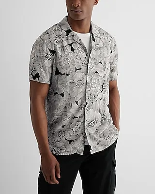 Line Floral Rayon Short Sleeve Shirt