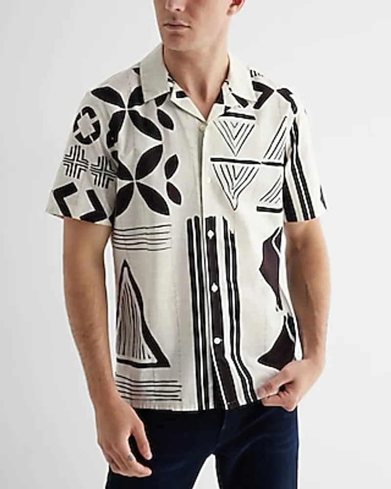 Tribal Print Textured Stripe Cotton Short Sleeve Shirt White Men's