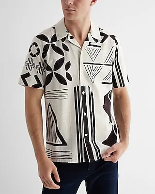 Tribal Print Textured Stripe Cotton Short Sleeve Shirt White Men's XL