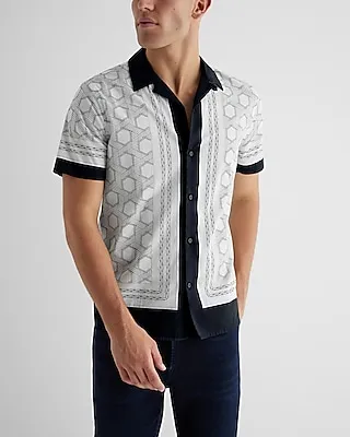 Border Geo Print Stretch Cotton Short Sleeve Shirt