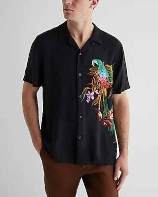 Parrot Print Rayon Short Sleeve Shirt Black Men's XS