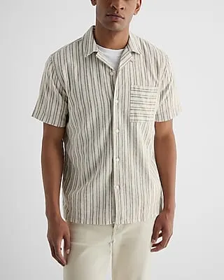 Striped Stretch Linen-Blend Short Sleeve Shirt White Men's M Tall