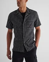 Striped Stretch Linen-Blend Short Sleeve Shirt Black Men's M Tall