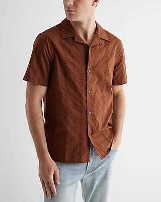 Embroidered Eyelet Short Sleeve Shirt Brown Men's M Tall